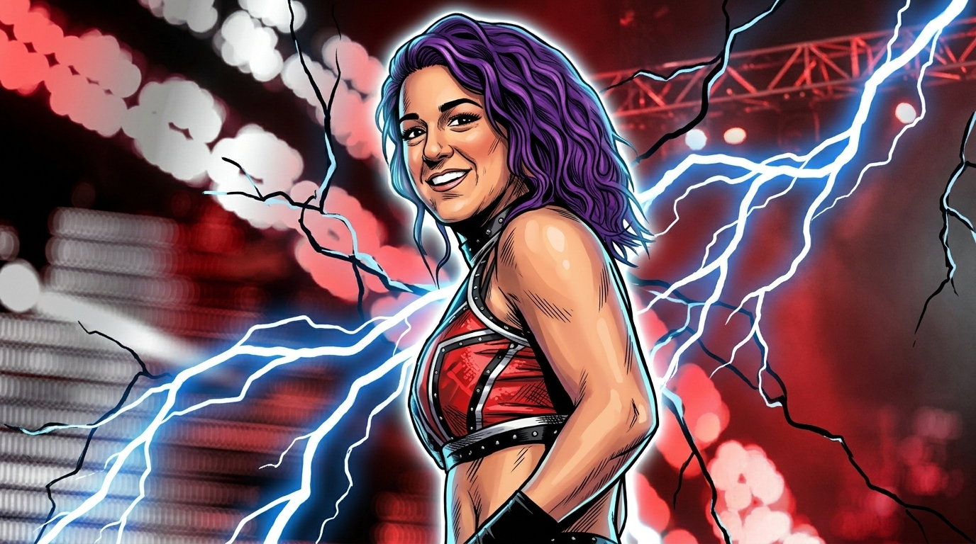 Comic-style illustration of Bayley with purple hair in red and black WWE ring gear, smiling under a red and blue lightning-streaked stage-light background