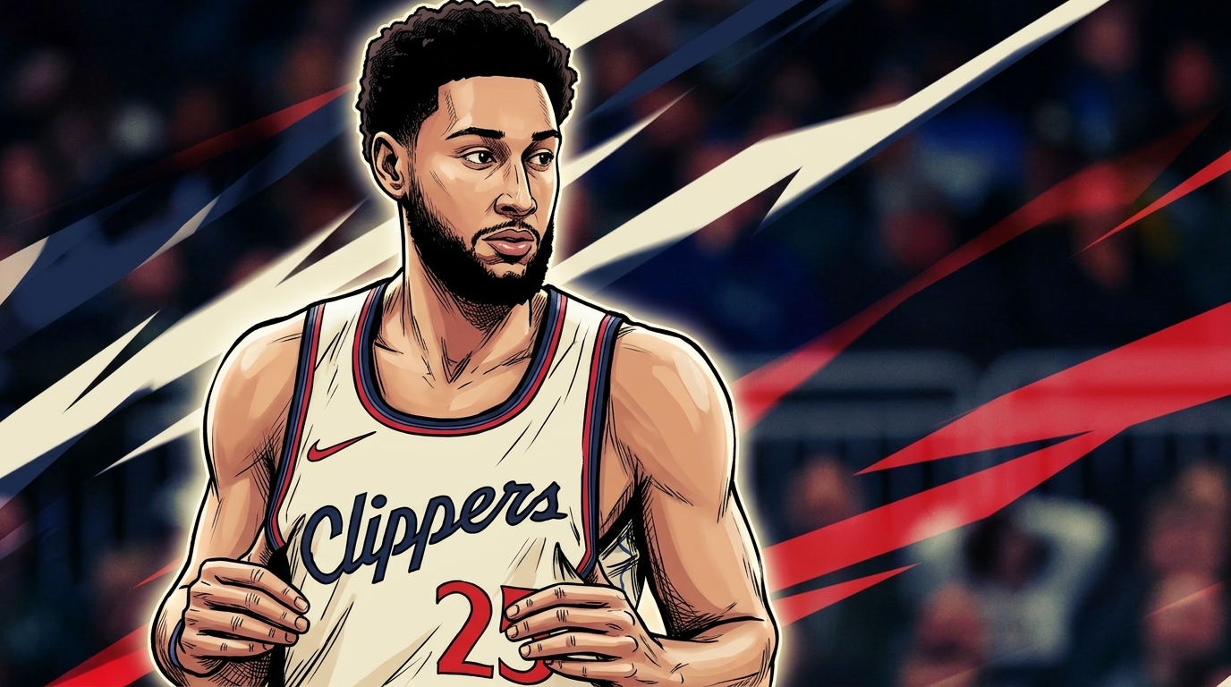 Comic-style illustration of Ben Simmons in a cream LA Clippers jersey #25, framed by geometric light streaks over a photographic arena background — Swipe Sports