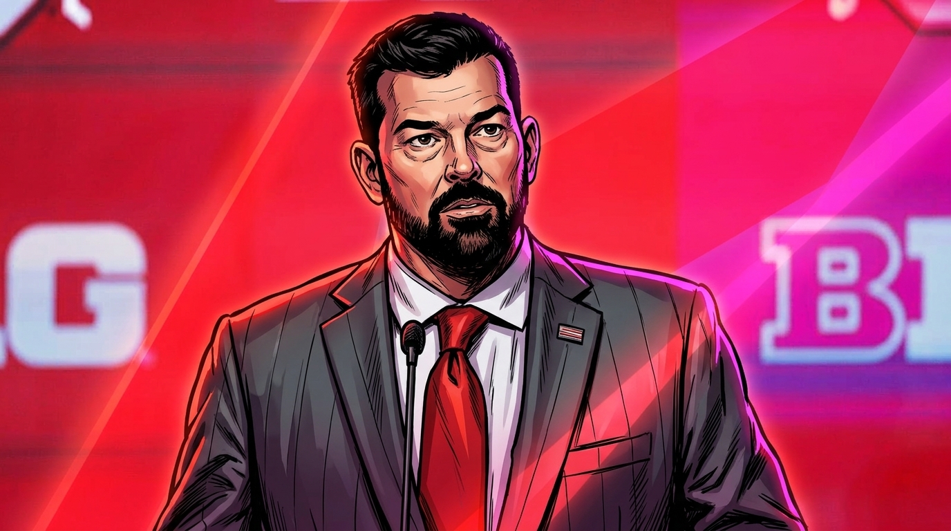 Ryan Day in comic book illustration style, wearing a dark gray suit with a red tie, standing at a podium in front of a pink and magenta Big Ten Media Days step-and-repeat backdrop with geometric light streak effects.