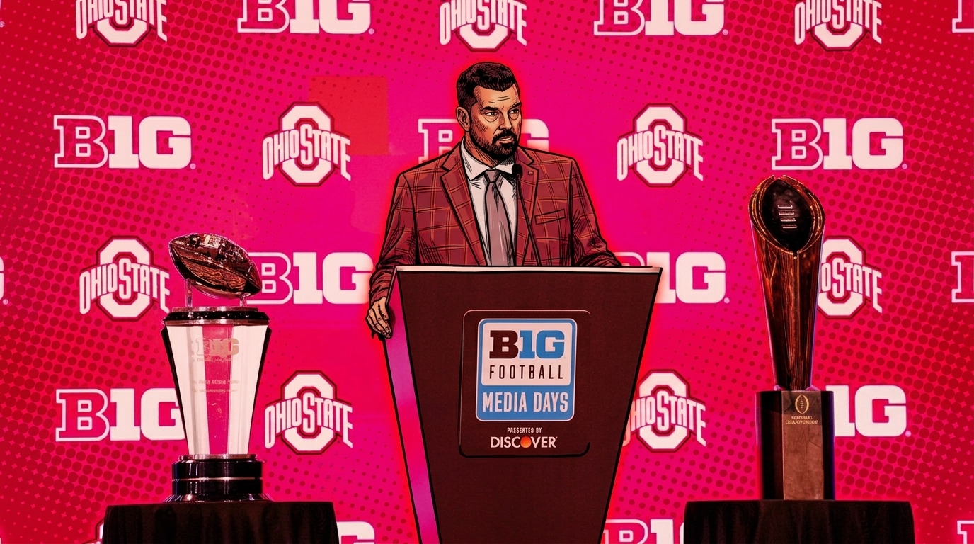 Comic-style illustration of Ohio State head coach Ryan Day at a Big Ten Media Days podium, flanked by the Big Ten championship trophy and the College Football Playoff national championship trophy