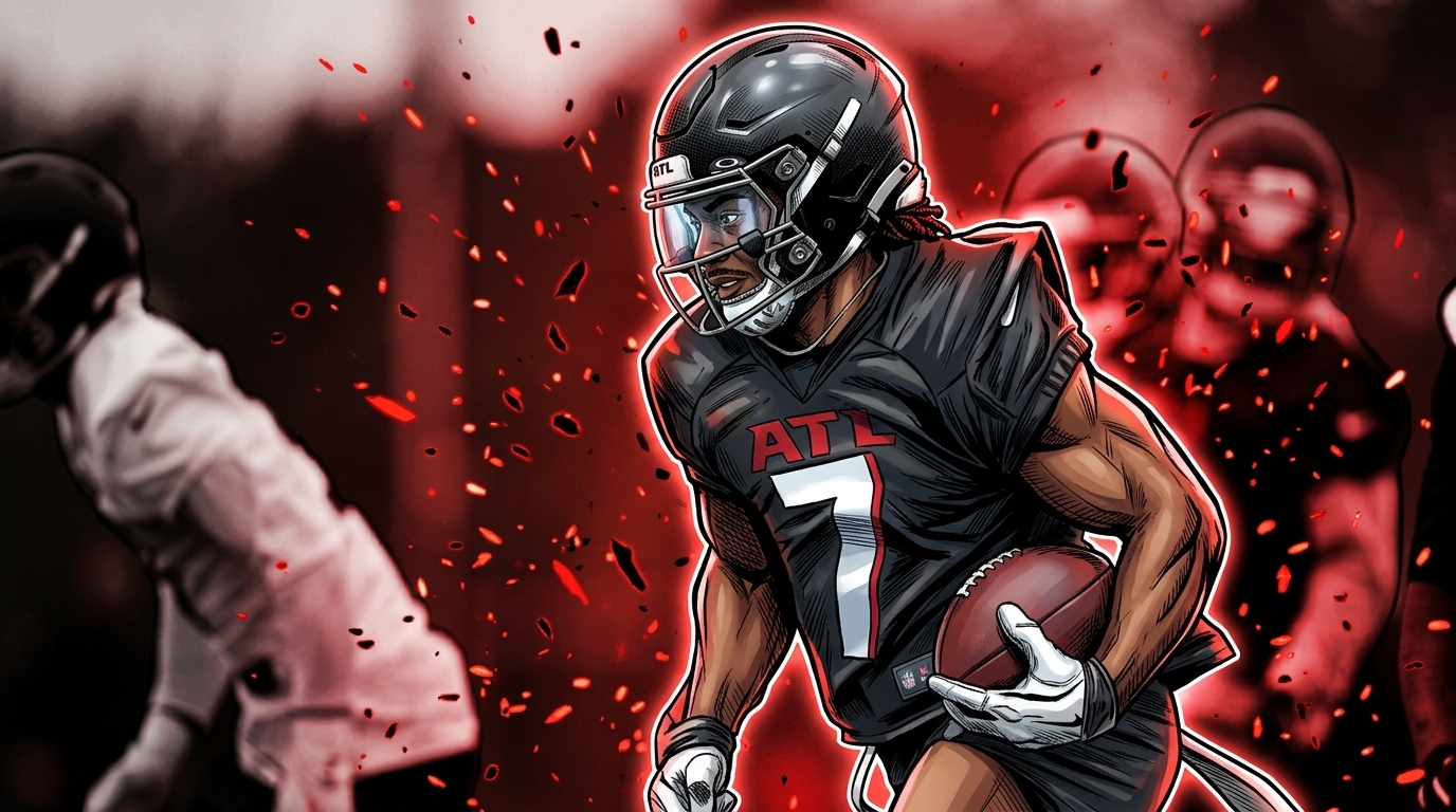 Bijan Robinson in comic style with ember particle effects — Swipe Sports