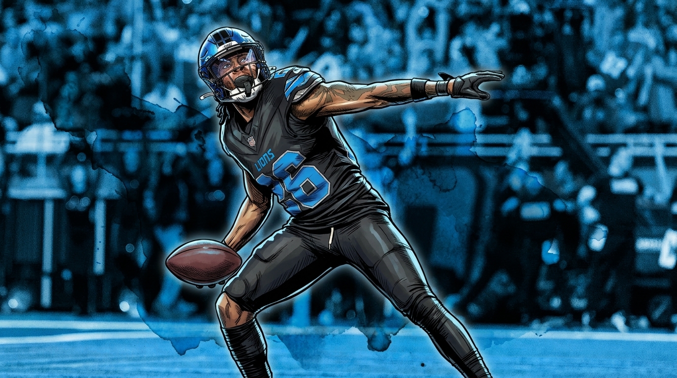 Jahmyr Gibbs in comic style with ink wash watercolor bleed effect — Swipe Sports