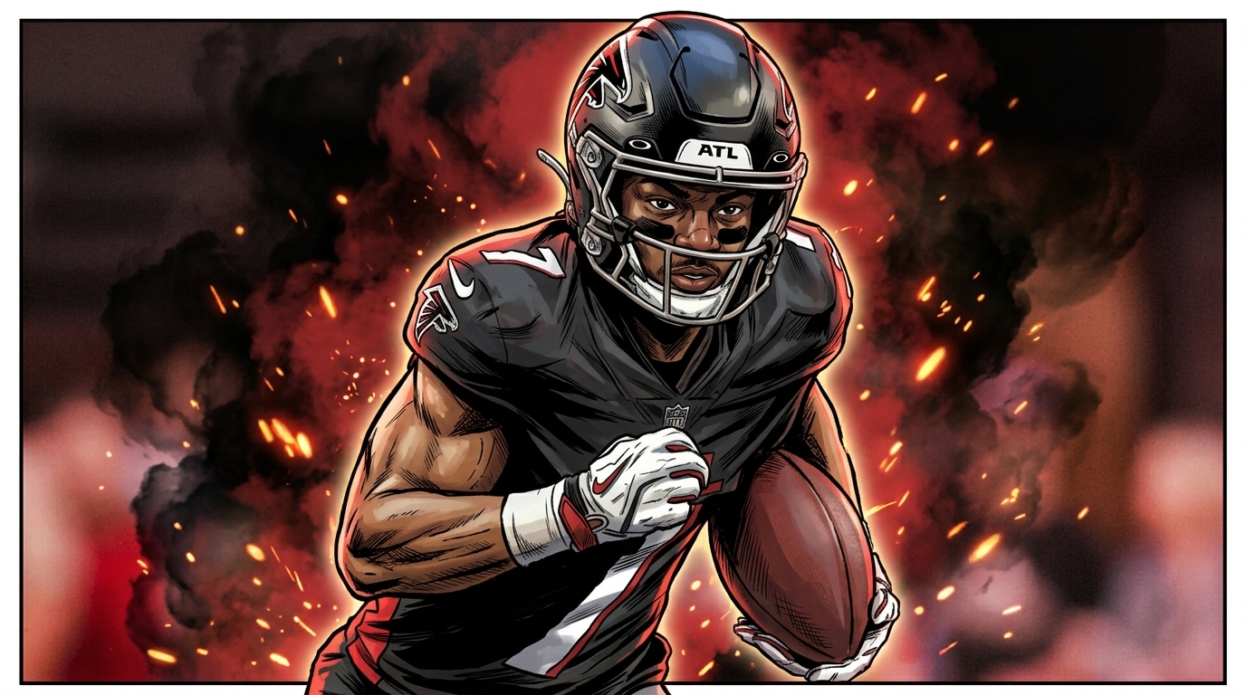 Bijan Robinson in comic style with smoke and sparks effect, black and red color wash — Swipe Sports