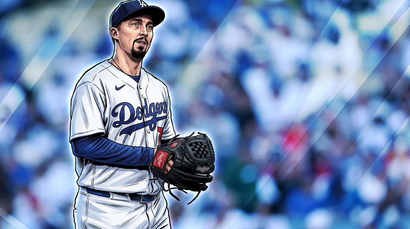 Comic-style illustration of Dodgers pitcher Blake Snell in his white home jersey and navy cap, glove raised, standing on the mound with a blurred stadium crowd and blue-white light streaks behind him.