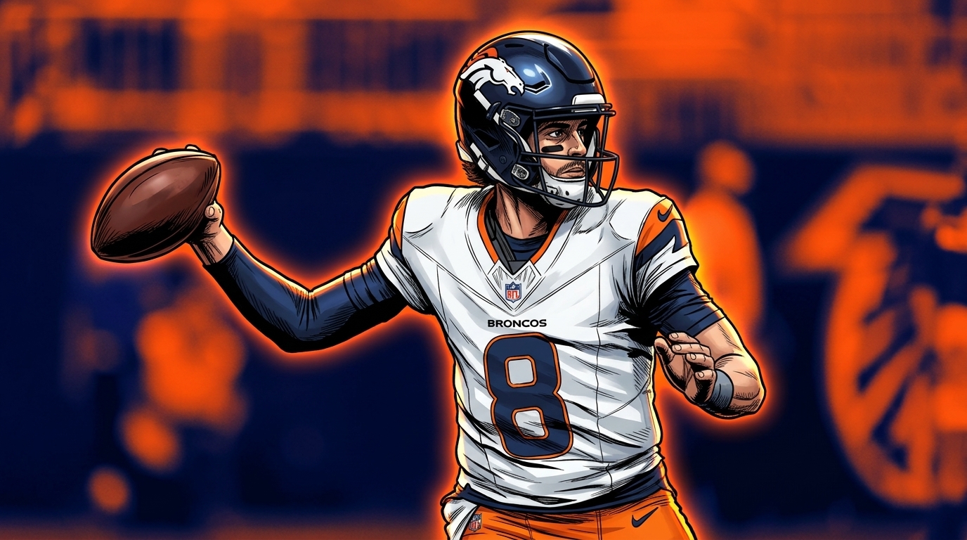 Comic-style illustration of Denver Broncos quarterback Jarrett Stidham (#8) in white away jersey mid-throw, orange-and-navy neon rim glow effect over a stadium background — editorial image for NFL preseason betting market coverage.