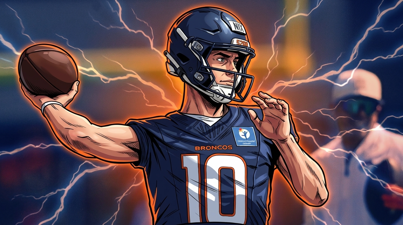 Comic-style illustration of Denver Broncos quarterback Bo Nix (#10) in navy practice jersey mid-throw, orange particle-field embers effect over a practice-field background -- editorial image for NFL preseason betting market coverage.