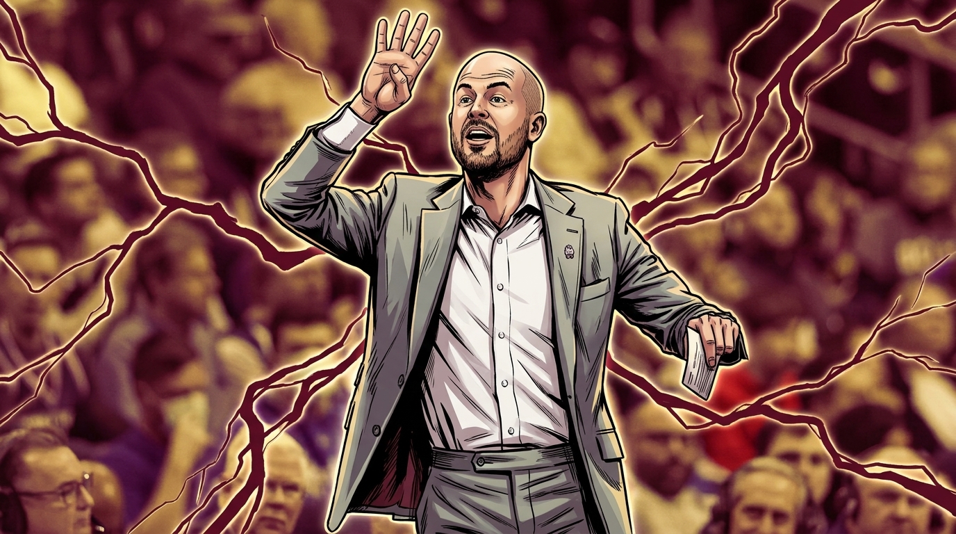 Luke Murray, Boston College men's basketball head coach, in a comic-style illustration with an electric energy effect and maroon and gold lightning, gesturing courtside with a raised hand, blurred arena crowd background
