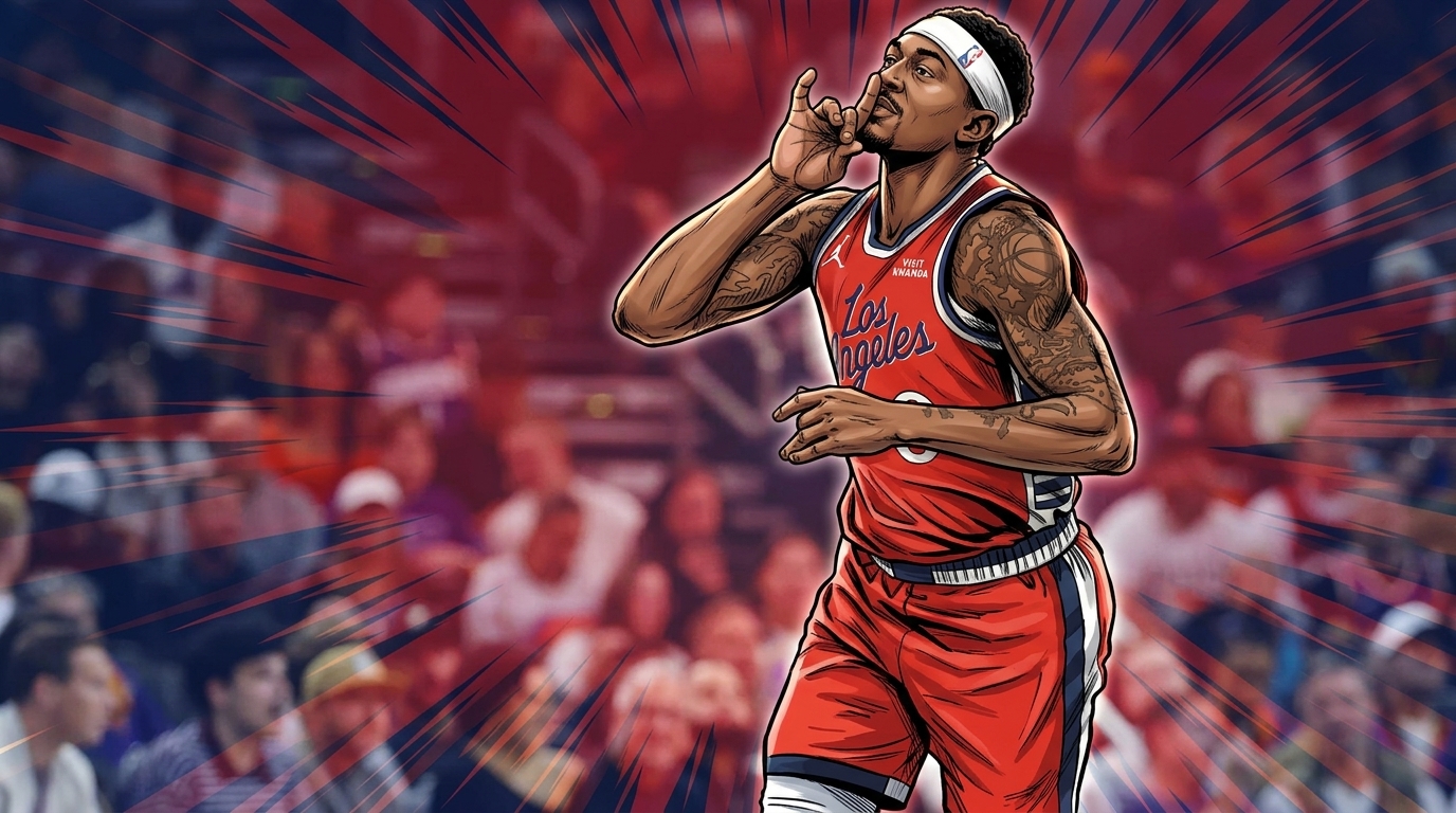Comic-style illustration of Bradley Beal in a red Clippers jersey with a red and navy shockwave effect