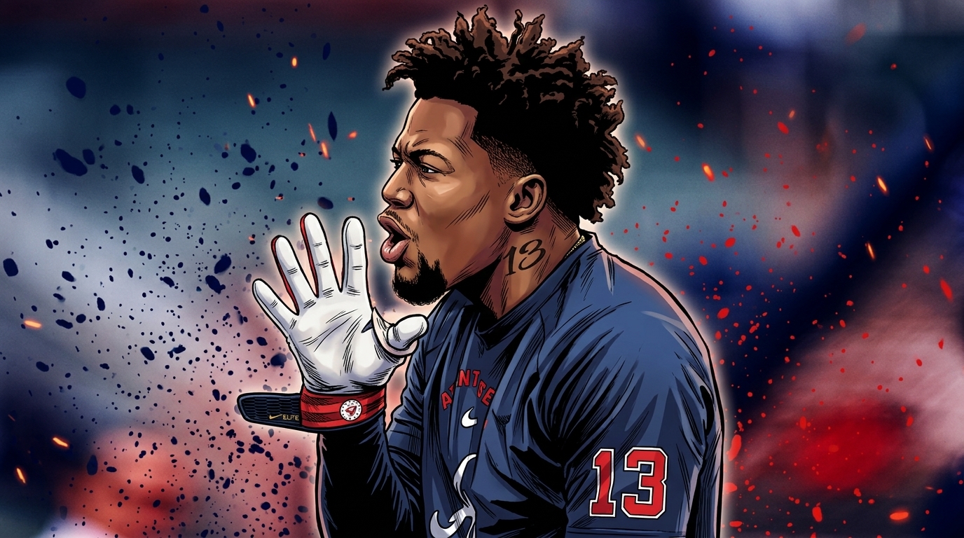 Comic-style illustration of Atlanta Braves outfielder Ronald Acuña Jr. in a navy batting-practice pullover with red number 13, raising a batting glove near his face mid-shout, navy and red particle-field effect against a blurred stadium background