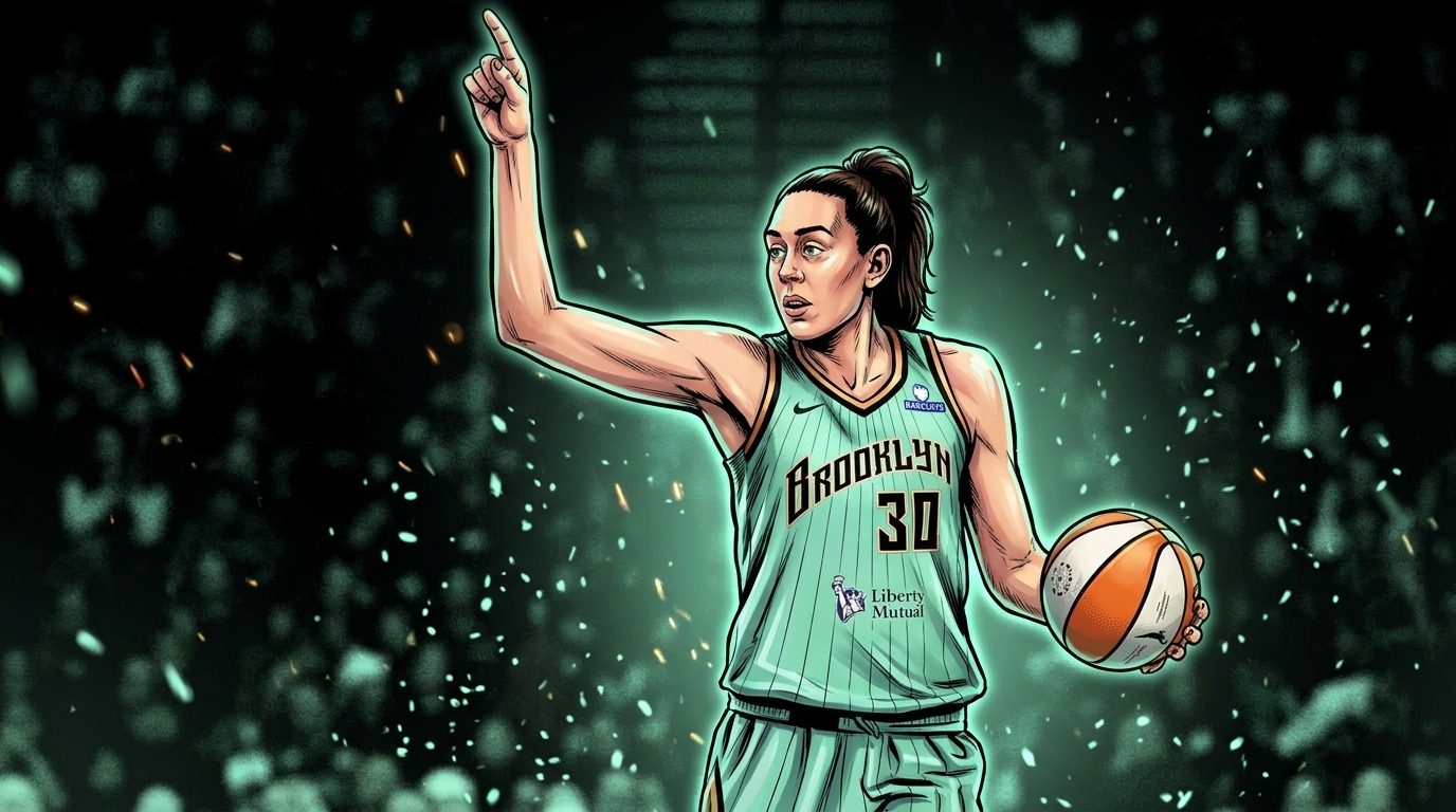 Comic-style illustration of Breanna Stewart in a mint-green Liberty alternate jersey pointing upcourt during Game 1 against the Lynx