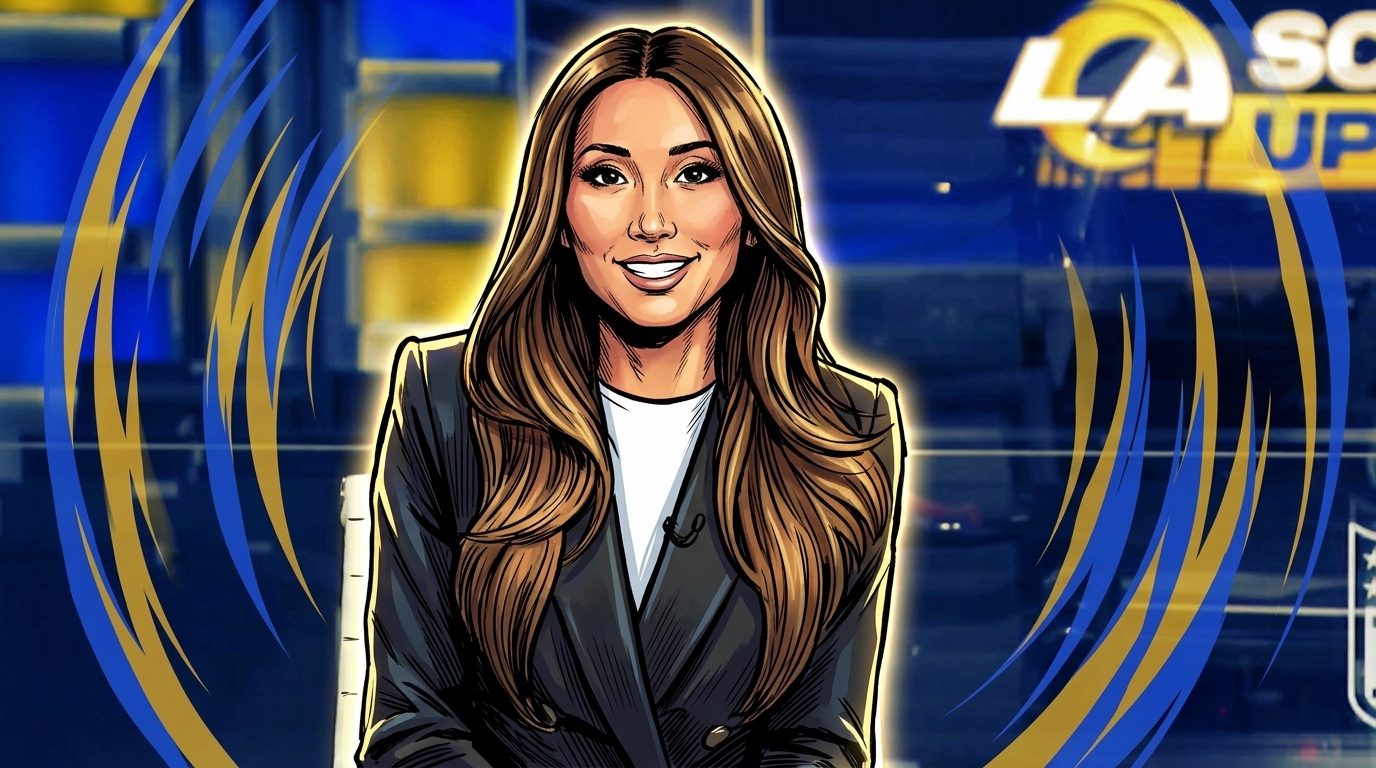 Comic-style illustration of Brenda Song at the CBS Los Angeles broadcast desk, shockwave effect in Rams blue and gold
