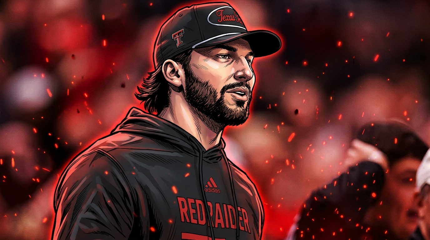 Brendan Sorsby, in a comic-style illustration with a particle field and floating embers effect, wearing a Texas Tech Red Raider hoodie and cap, stadium crowd in the background