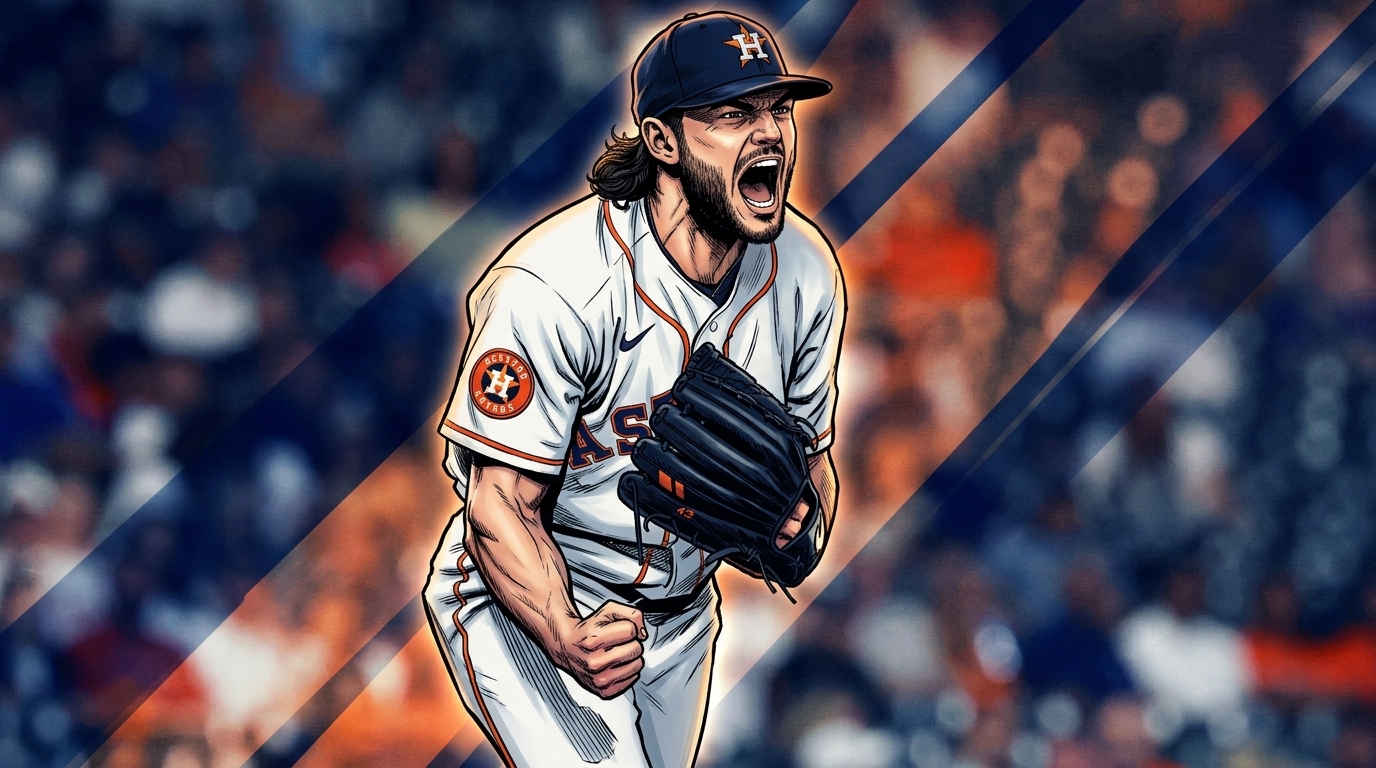 Comic-style illustrated portrait of Lance McCullers Jr. pitching in an Astros uniform, mid-shout, diagonal light-streak effect, from his pre-trade Houston tenure