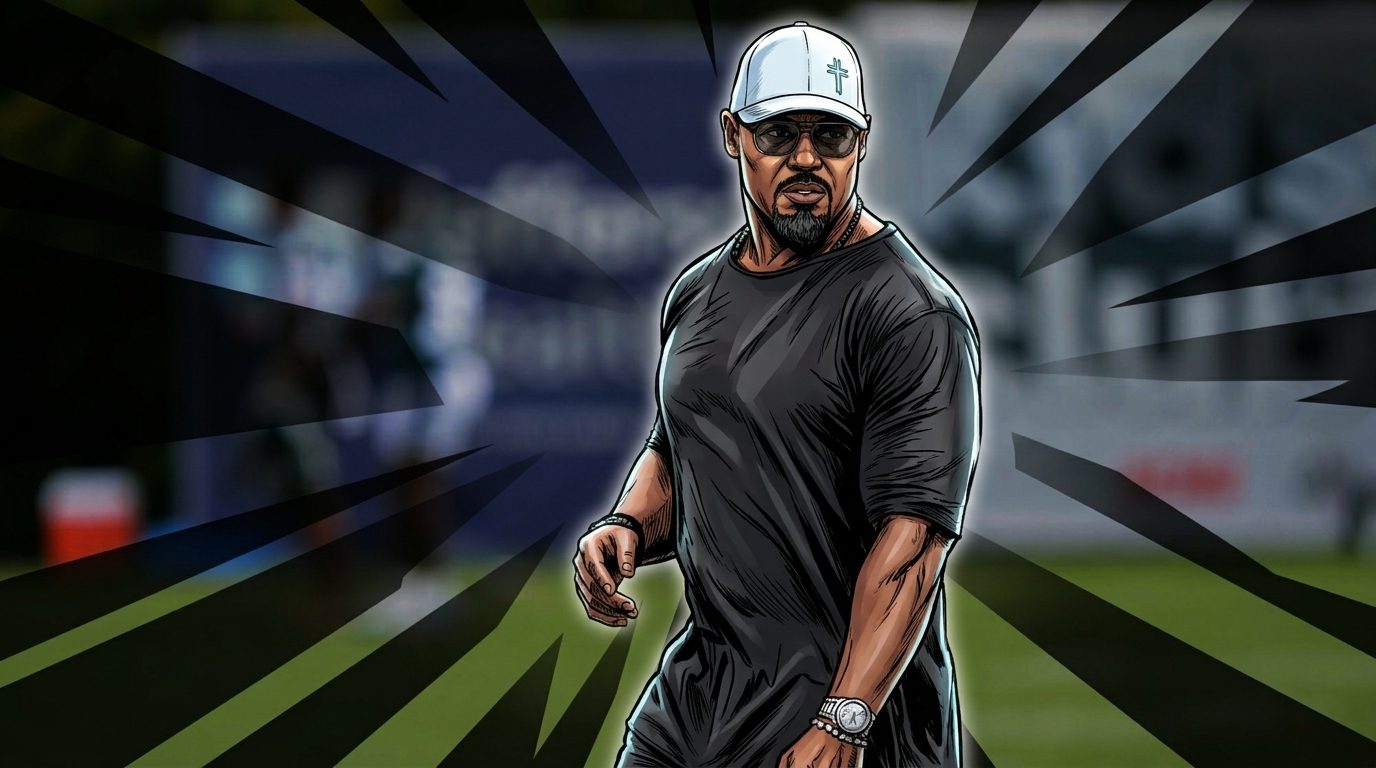 Brian Dawkins, Philadelphia Eagles, comic-styled with a geometric light streaks effect over a blurred training-camp background