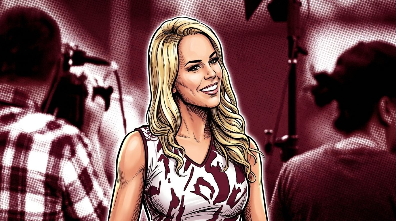 Britt McHenry in comic book style, head-to-chest press photo portrait, maroon and white halftone Ben-Day dot effect, blurred broadcast-set background with camera and lighting equipment