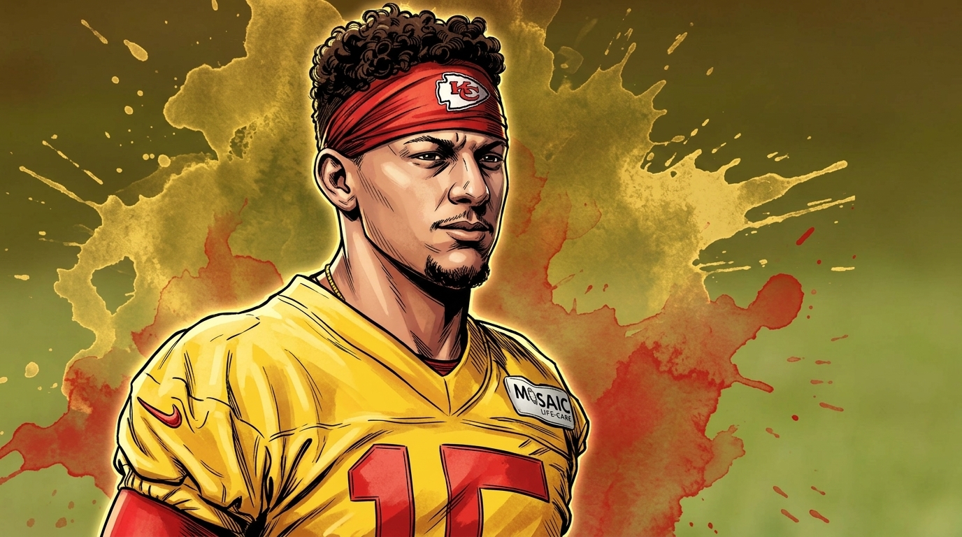 Comic-style illustration of Patrick Mahomes in a yellow Chiefs practice jersey and red KC headband, with an ink-wash watercolor effect over a blurred green practice-field background.