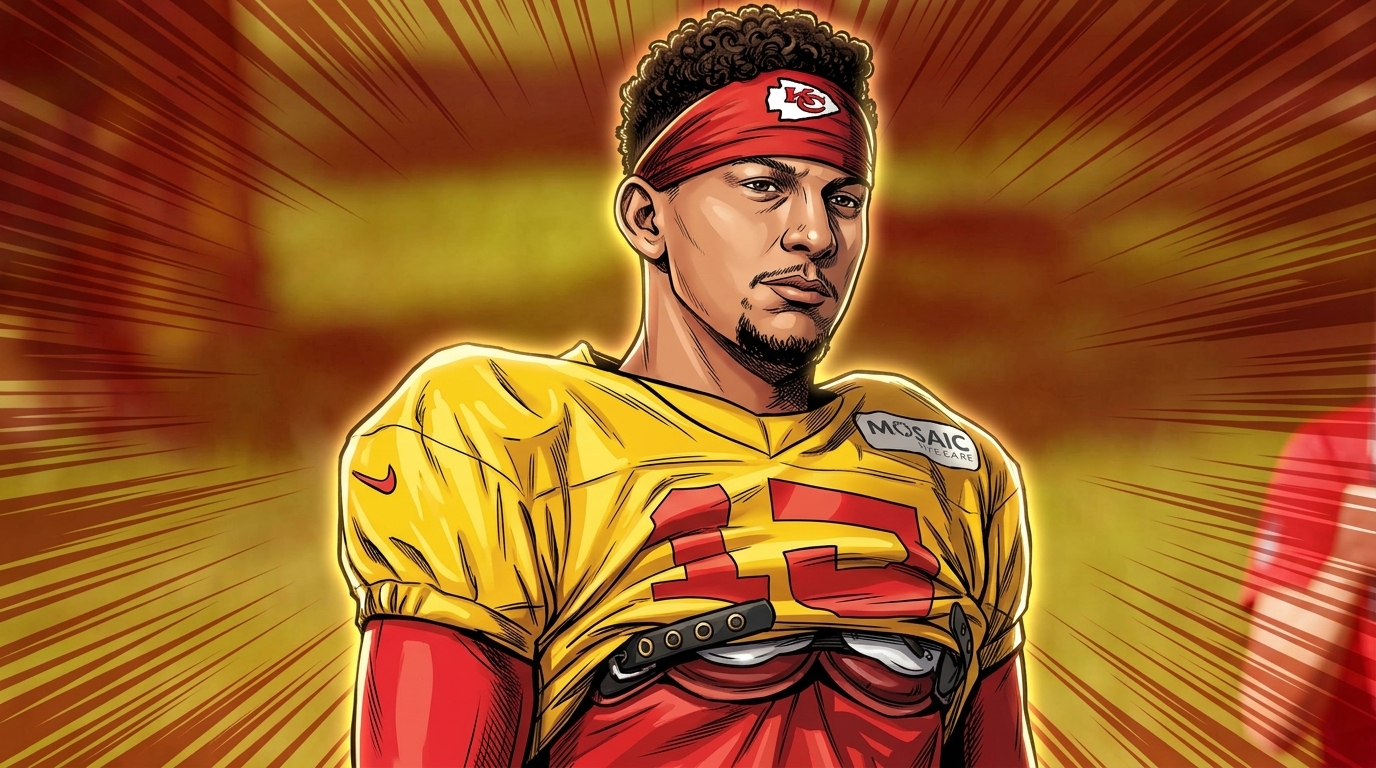 Comic-style illustration of Patrick Mahomes in a yellow Chiefs practice jersey with red sleeves and a red headband, rendered with a red-orange shockwave burst effect over a blurred green practice-field background