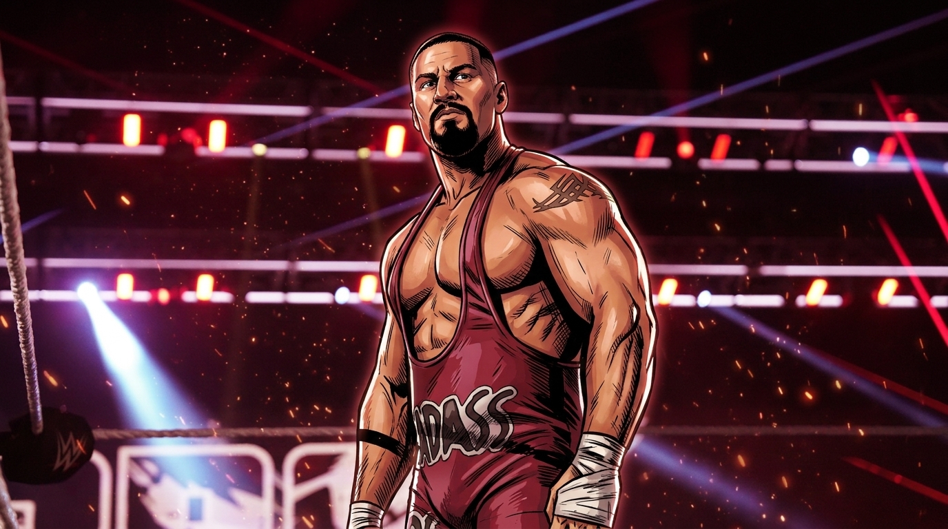 Bron Breakker in Marvel comic book illustration, maroon wrestling singlet, WWE ring, particle field and floating embers effect