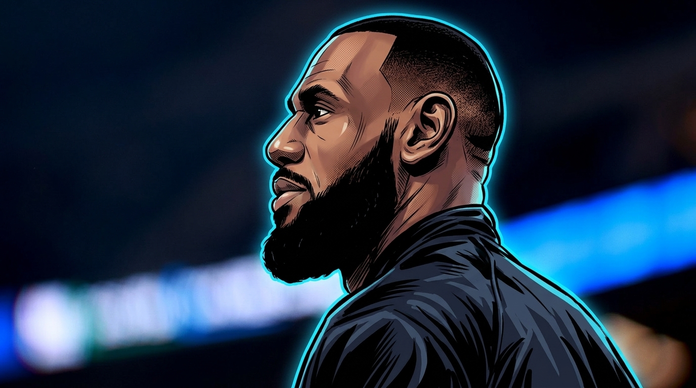 Comic-style illustration of LeBron James in profile, bald head and dark beard, against a dark arena background with a blurred blue light streak and chromatic dispersion effect.