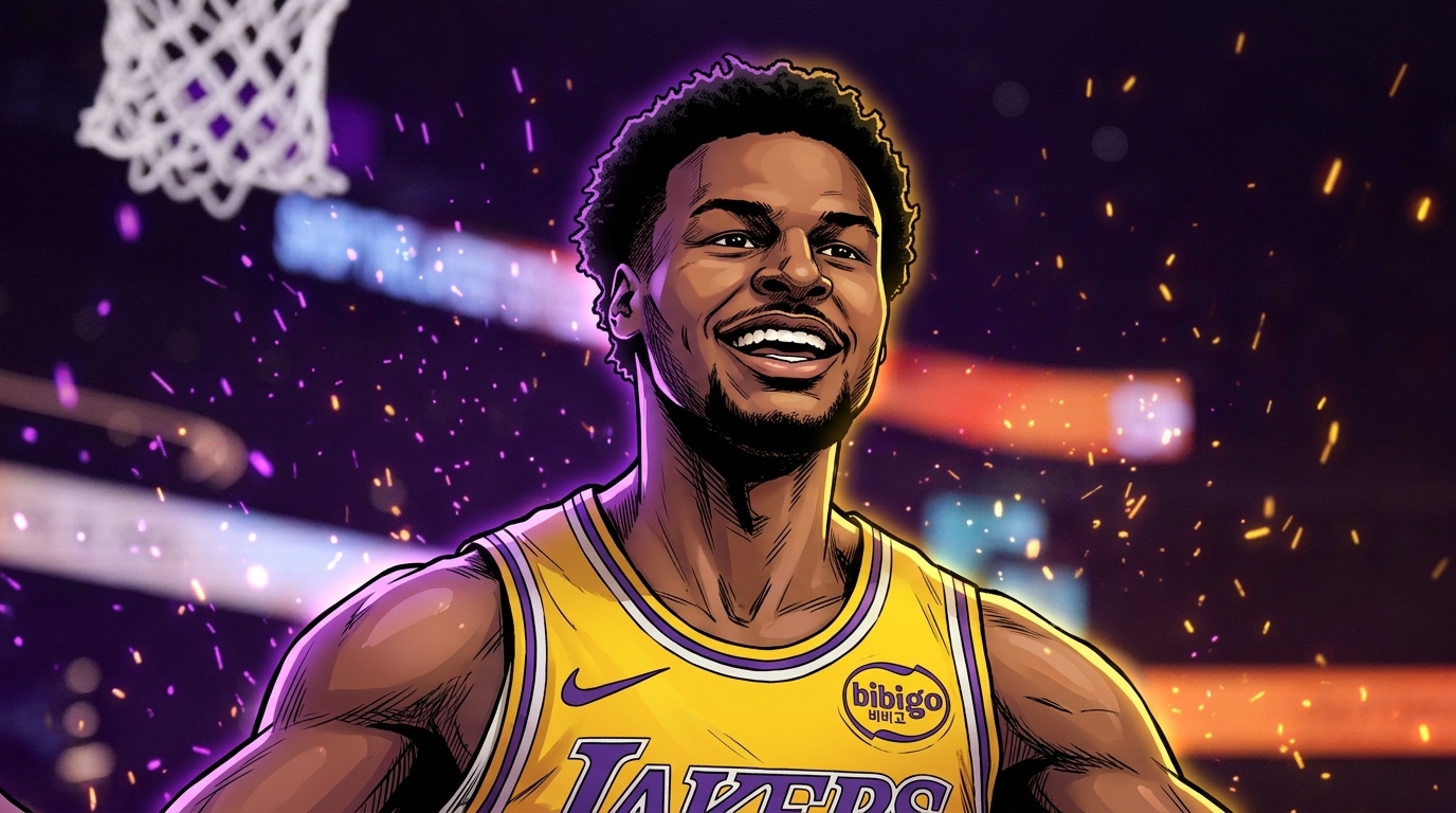 Comic-style illustration of Bronny James smiling in a gold and purple Lakers jersey, arena background with a floating-ember particle effect.
