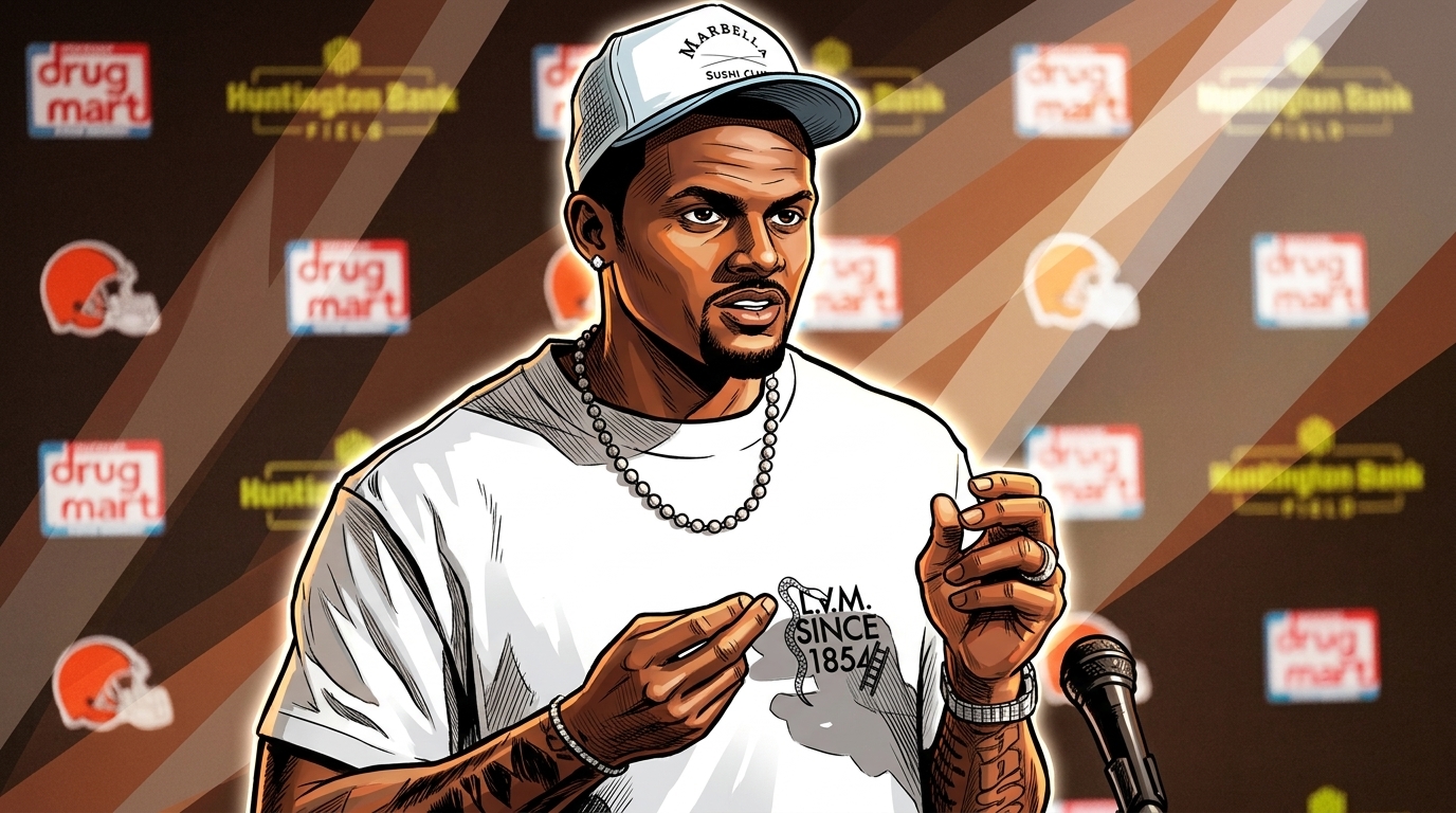 Comic-style illustration of Deshaun Watson at a postgame press conference podium, wearing a white graphic t-shirt and trucker cap with a chain necklace, gesturing with both hands near a microphone, geometric light streaks over a Cleveland Browns sponsor-logo backdrop