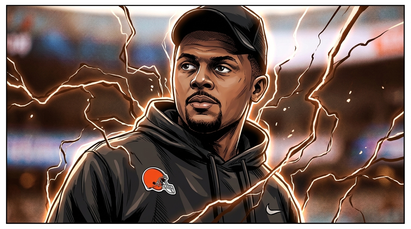 Deshaun Watson in Marvel comic style with an electric-energy effect during Browns training camp — Swipe Sports