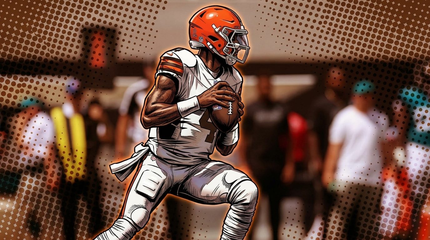 Comic-style illustration of Cleveland Browns quarterback Deshaun Watson in his white No. 4 away jersey, scrambling and looking to throw, brown-and-orange halftone dot effect across the sideline background.