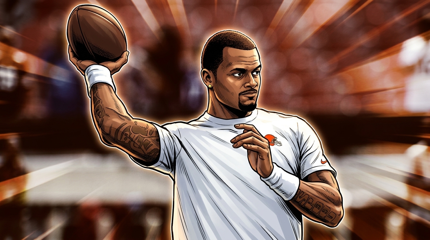 Comic-styled illustration of Deshaun Watson in a white Browns practice top throwing a pass, orange chromatic-dispersion effect over a blurred stadium background