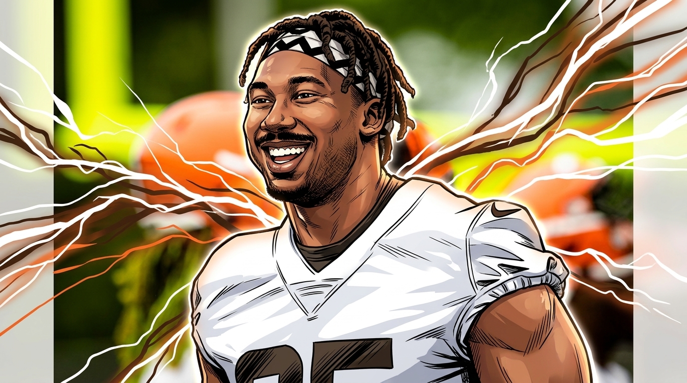 Myles Garrett smiling in Browns practice jersey — Swipe Sports