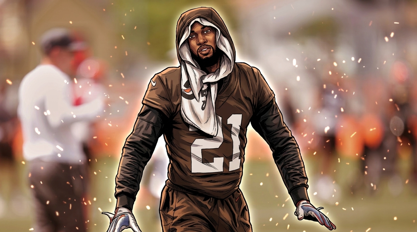 Denzel Ward in comic book illustration style, brown hooded Cleveland Browns practice pullover with white number 21, particle field and floating embers effect