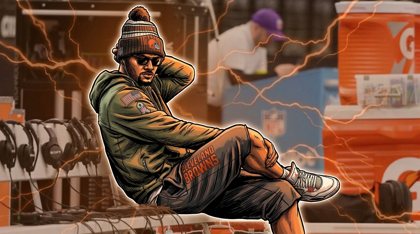 Deshaun Watson in an olive green Browns hoodie, beanie and sunglasses, reclining on the sideline bench