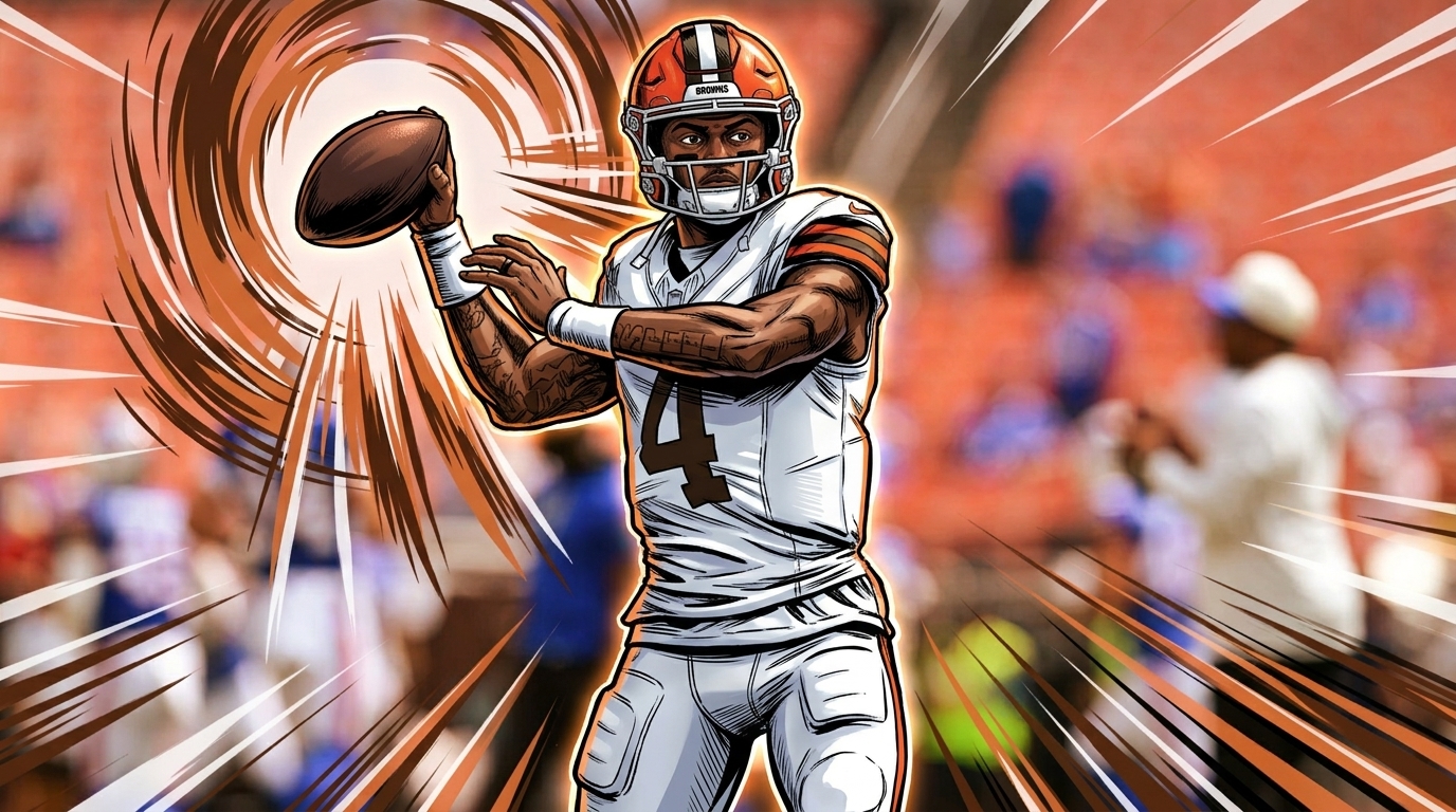 Comic-style rendering of Deshaun Watson mid-throw in a white Browns jersey, orange shockwave motion-line effect over a stadium backdrop