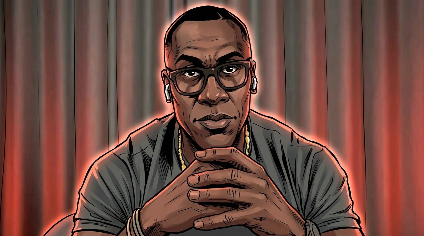 Comic-style illustration of Shannon Sharpe with a neon orange-red rim-glow effect against a striped studio backdrop