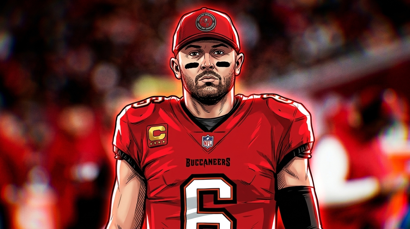 Baker Mayfield in comic book illustration style, red Tampa Bay Buccaneers jersey number 6, chromatic dispersion effect