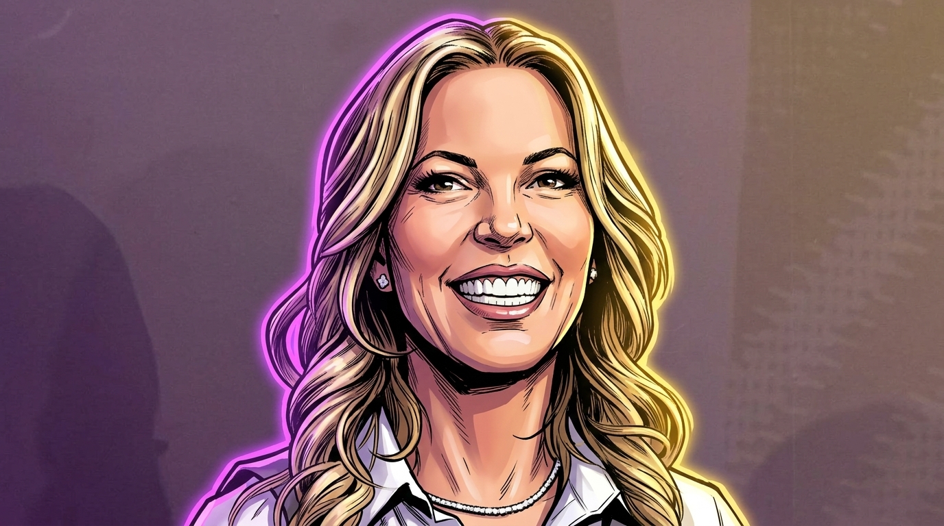 Comic-style rendering of Jeanie Buss with a purple and gold neon rim glow effect over a tinted background
