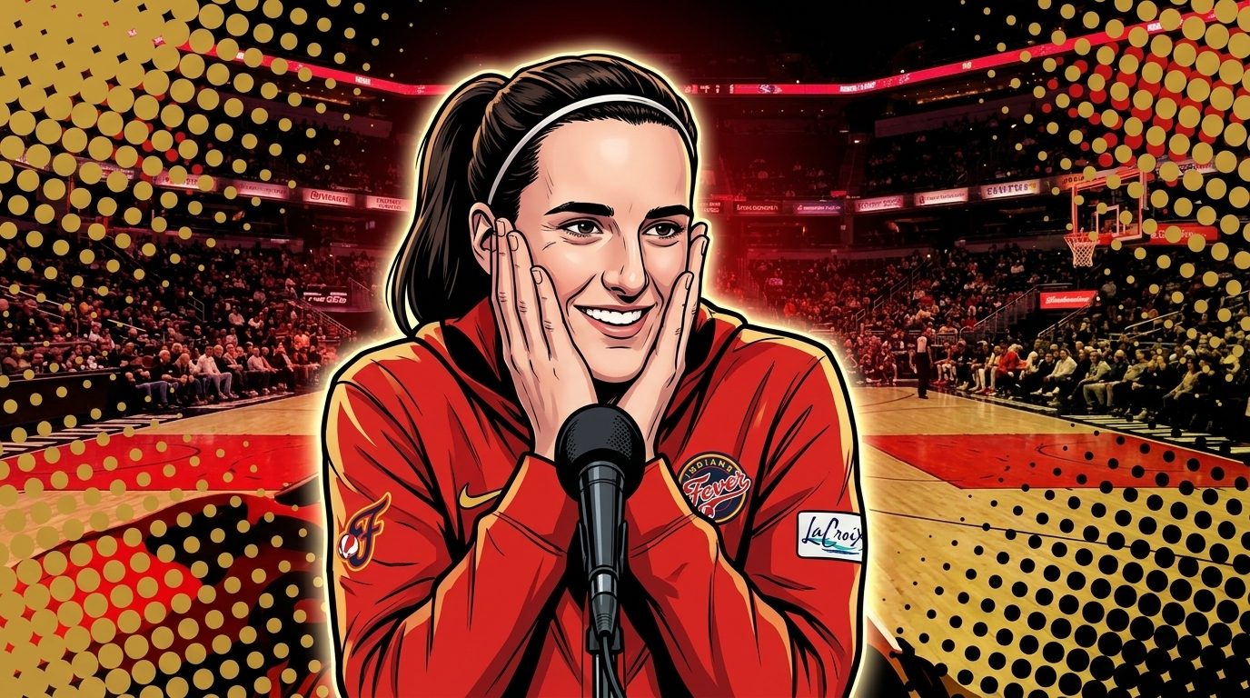 Caitlin Clark at the podium in Indiana Fever red and gold, Marvel-comic halftone style, Swipe Sports