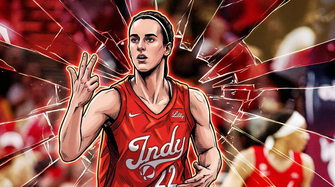 Comic-book style illustration of Caitlin Clark holding up three fingers in an Indiana Fever jersey, shattered-glass effect background