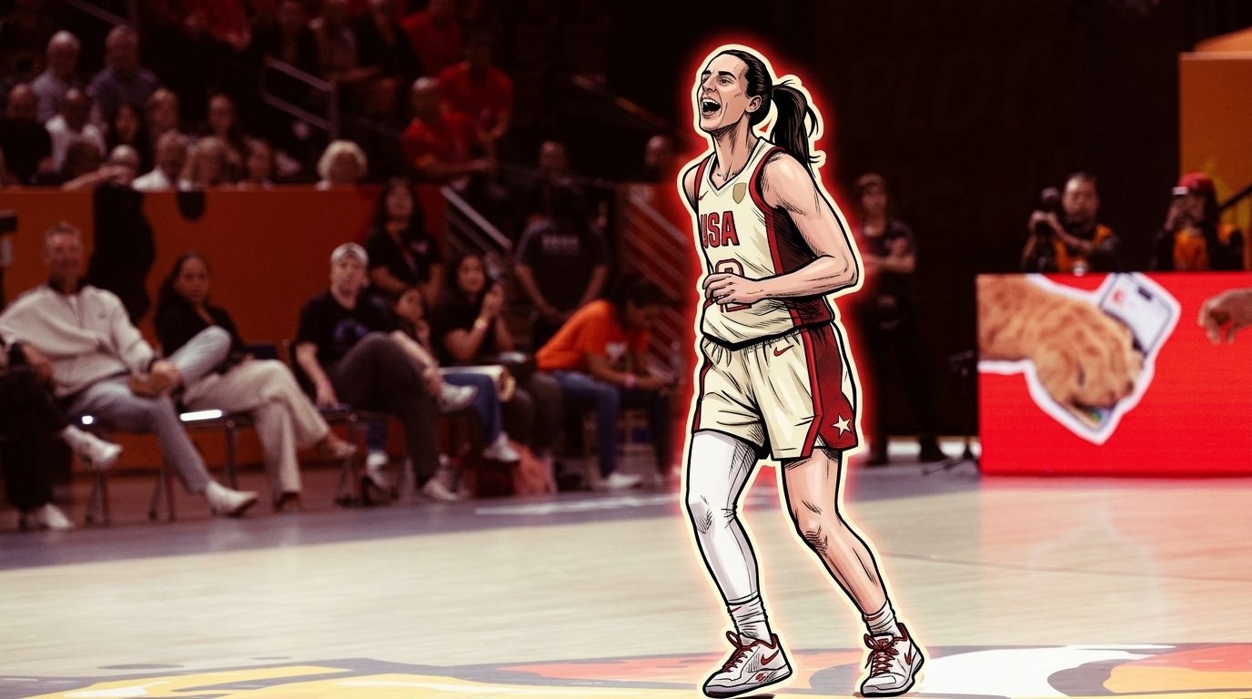 Illustrated neon rim glow style image of Caitlin Clark celebrating in her cream and red Team USA jersey on the court