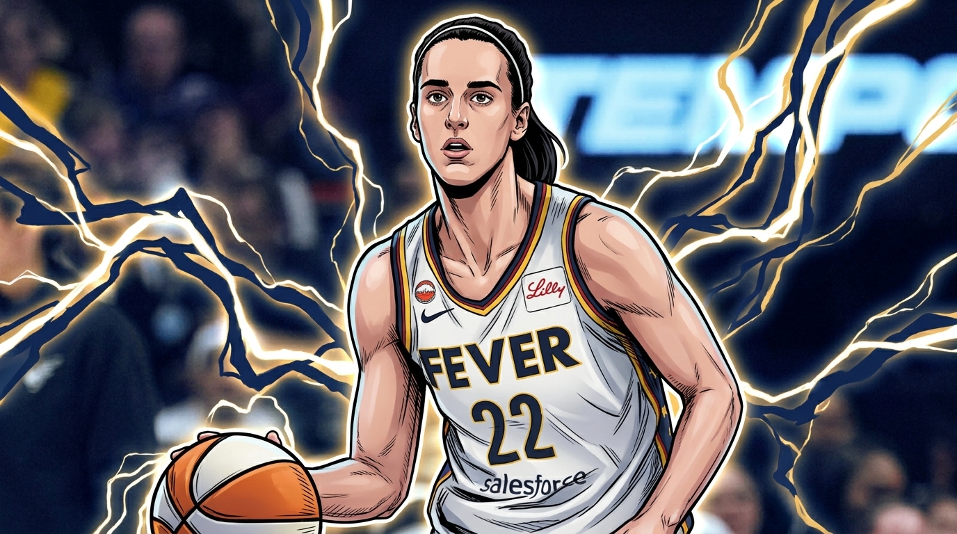 Comic-style illustration of Caitlin Clark dribbling in her white Fever jersey with navy and gold trim, lightning-bolt effects behind her