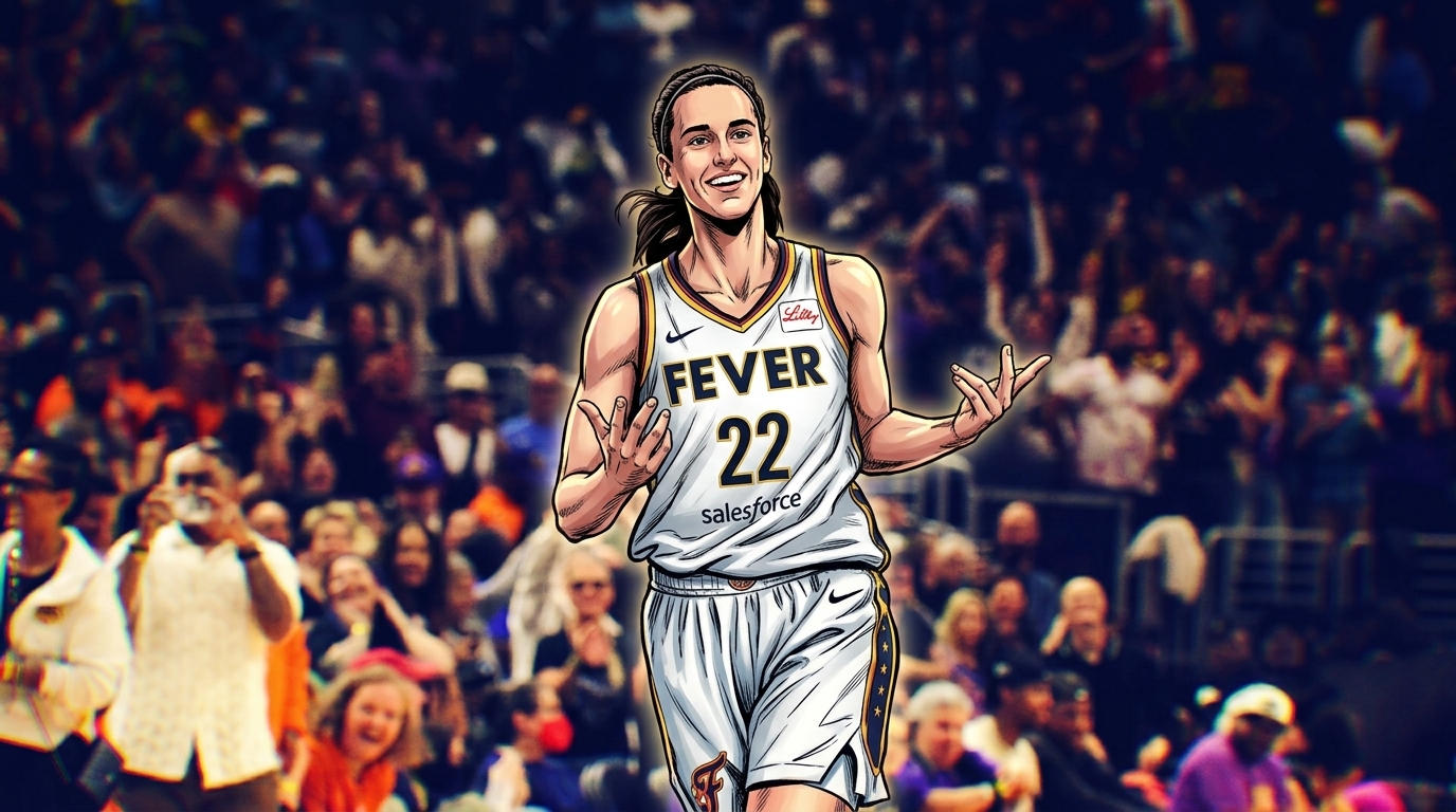 Comic-style illustration of Caitlin Clark smiling and gesturing in her white Indiana Fever No. 22 home jersey, alone on the court, over a photographic arena crowd background with a chromatic dispersion color-split effect
