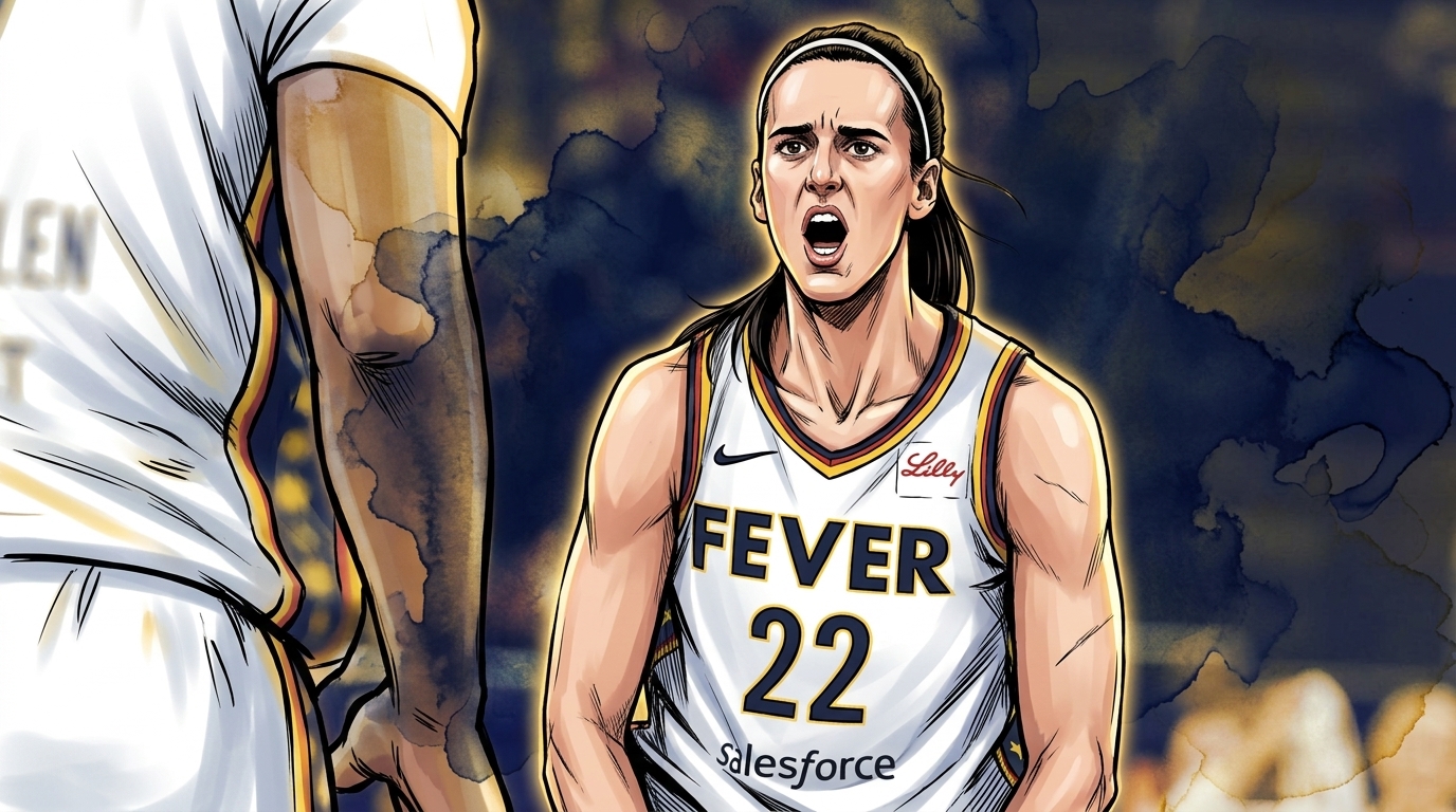 Comic-style illustration of Caitlin Clark shouting in an Indiana Fever jersey, ink wash and watercolor bleed effect over a real arena background