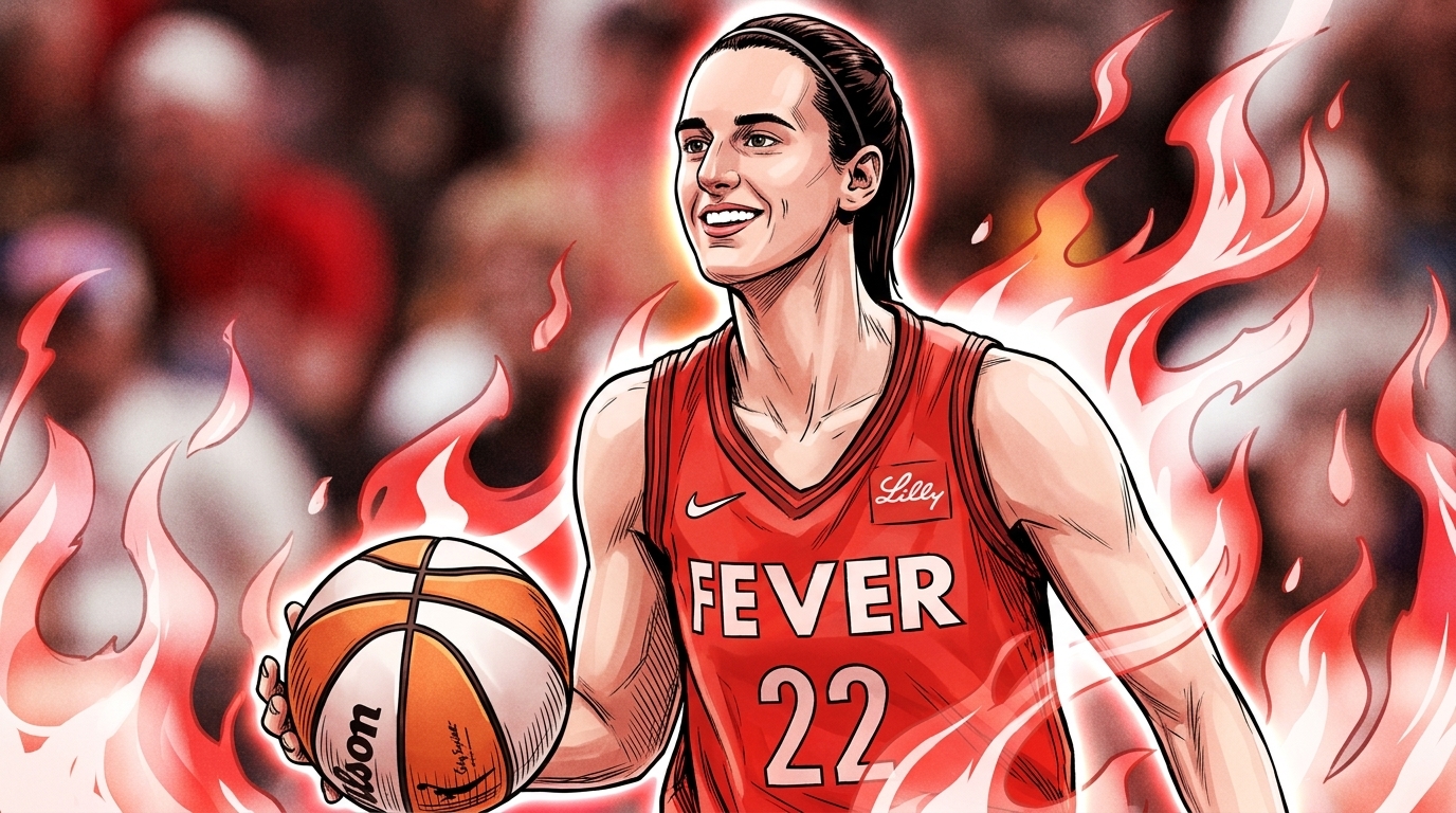 Comic-style illustration of Caitlin Clark in a red Indiana Fever jersey dribbling a basketball, framed by a flame effect