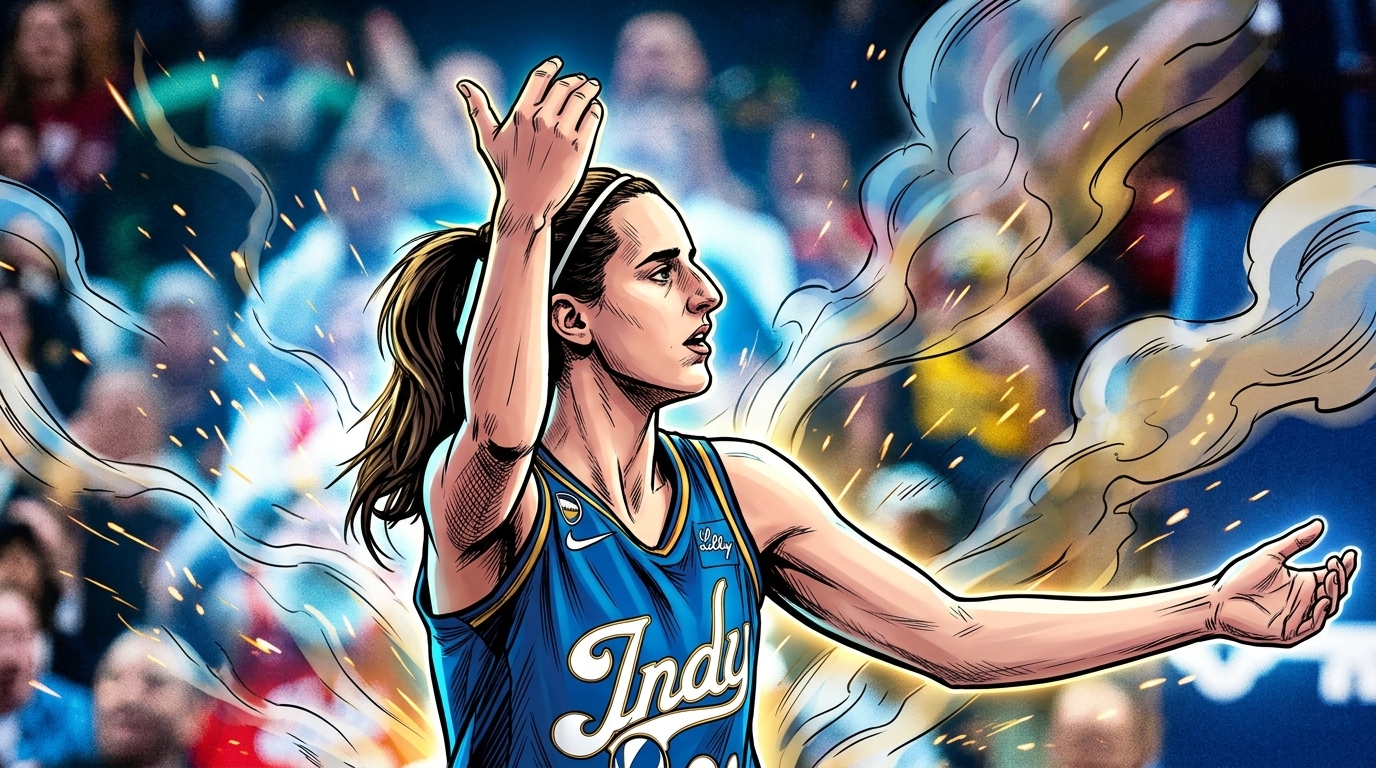 Caitlin Clark of the Indiana Fever illustrated in comic book style with a smoke-and-sparks effect