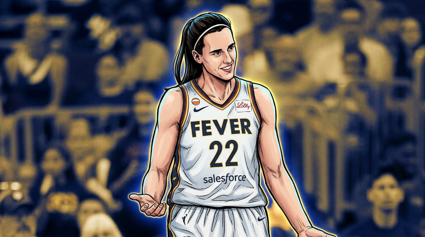 Caitlin Clark, Indiana Fever guard, comic-style illustration with neon rim glow effect