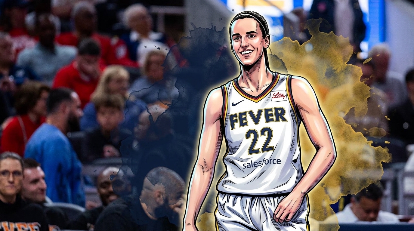 Comic-style illustration of Caitlin Clark smiling in a white Indiana Fever No. 22 home jersey with Salesforce and Lilly patches, standing courtside against a blurred real arena crowd with navy and gold ink-wash effects