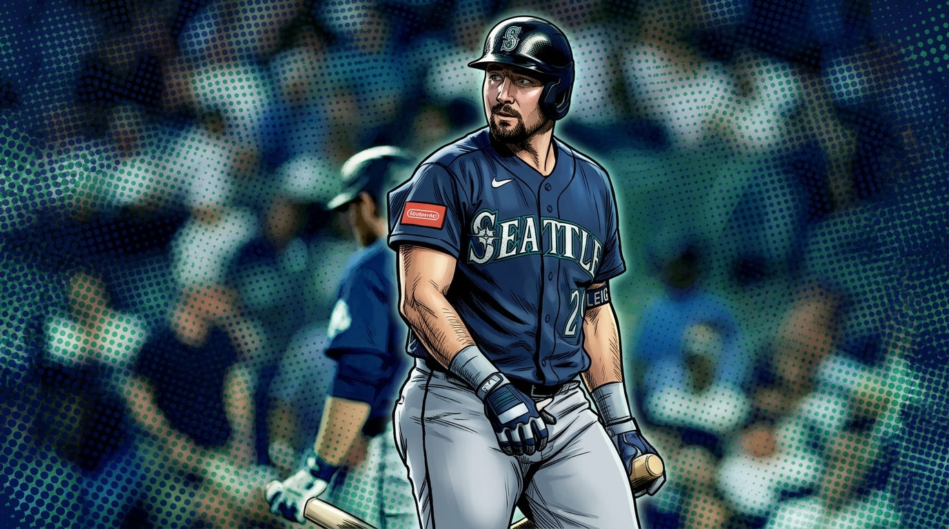 Comic-style illustration of Seattle Mariners catcher Cal Raleigh in navy alternate jersey walking toward the dugout after a strikeout, teal and navy halftone dot effect over a blurred stadium crowd background — editorial image for coverage of his 2026 batting collapse.