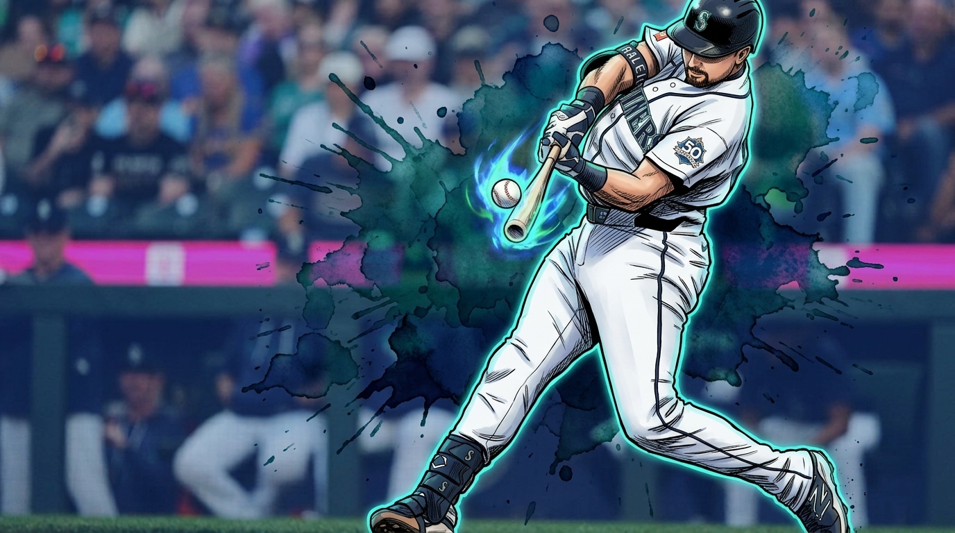 Comic-style ink wash illustration of Cal Raleigh mid-swing in Mariners home whites at T-Mobile Park, teal color wash and splatter effects around his silhouette