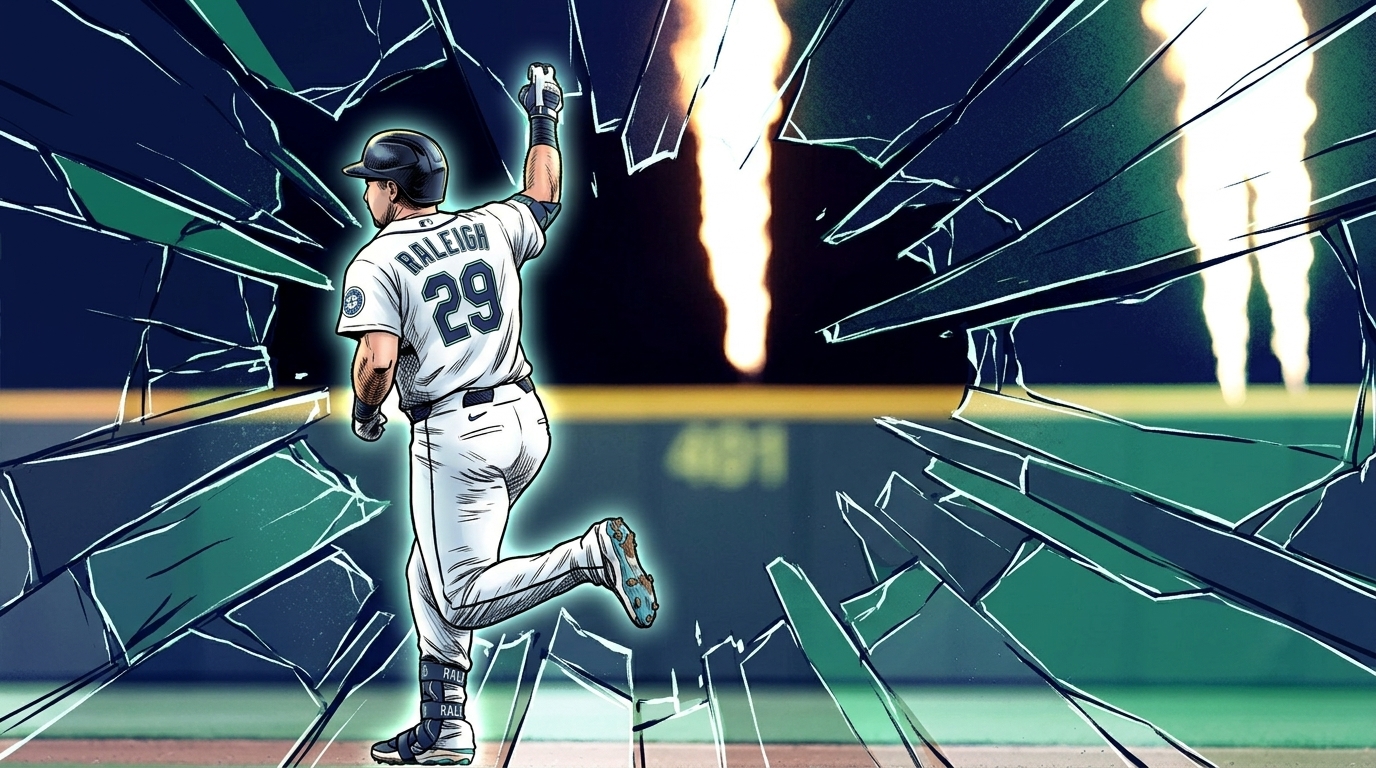 Comic-style illustration of Seattle Mariners catcher Cal Raleigh in a white home jersey rounding the bases with his fist raised after a home run, shattered-glass effect over a T-Mobile Park outfield background with flame streaks -- editorial image for coverage of his career-high three-homer game.