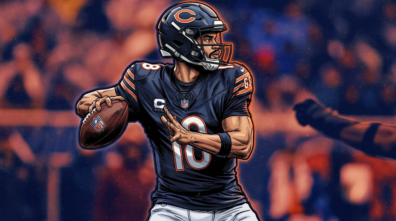 Caleb Williams illustrated in comic style with a neon rim glow effect, throwing motion, Bears jersey, rain-soaked stadium crowd blurred behind him
