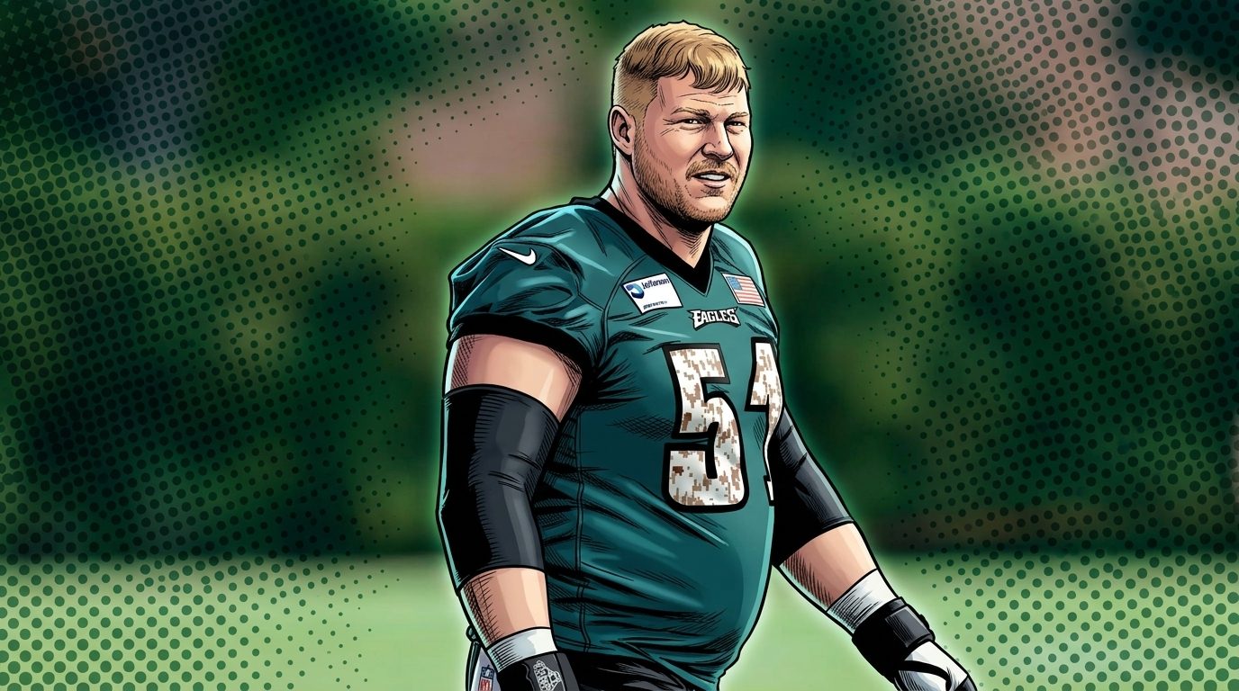 Comic-style illustration of Cam Jurgens in Philadelphia Eagles jersey, halftone dot effect, blurred practice field background